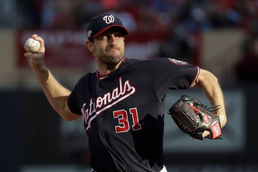 Washington Nationals starting pitcher Max Scherzer during the fourth inning of Game 2 of the ba ...
