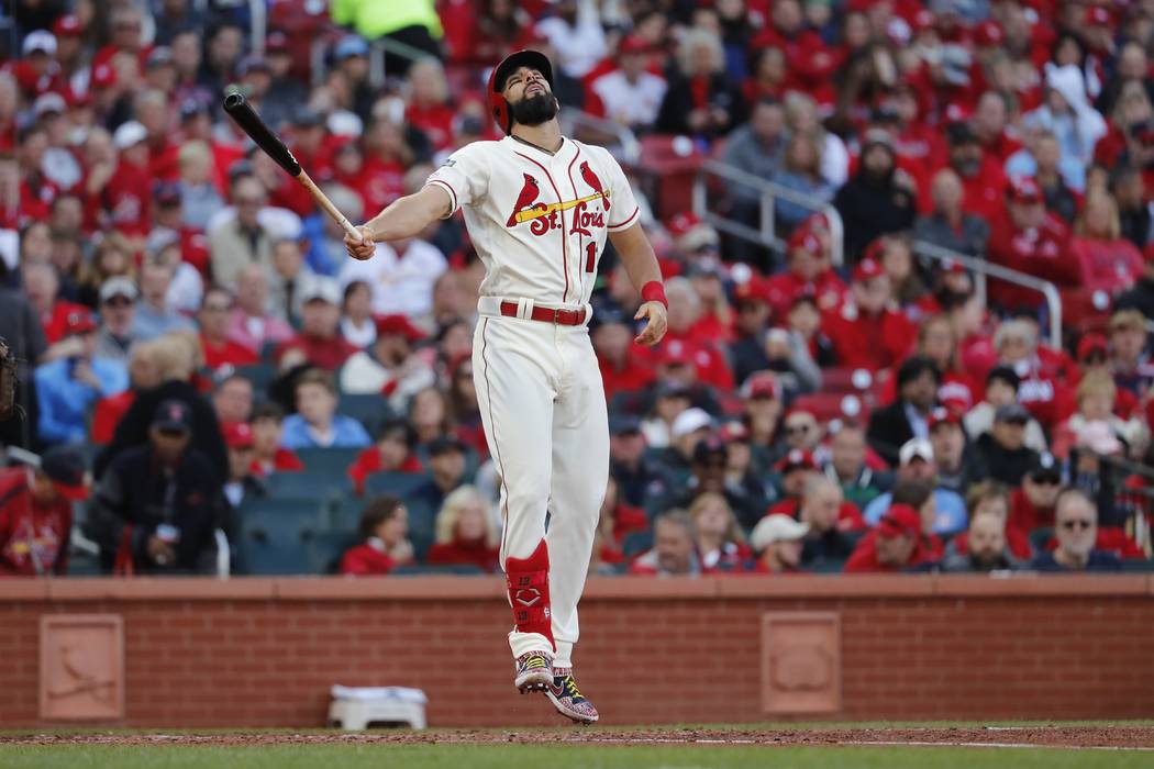 St. Louis Cardinals' Matt Carpenter reacts after striking out during the fifth inning of Game 2 ...
