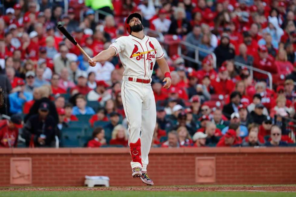 St. Louis Cardinals' Matt Carpenter reacts after striking out during the fifth inning of Game 2 ...