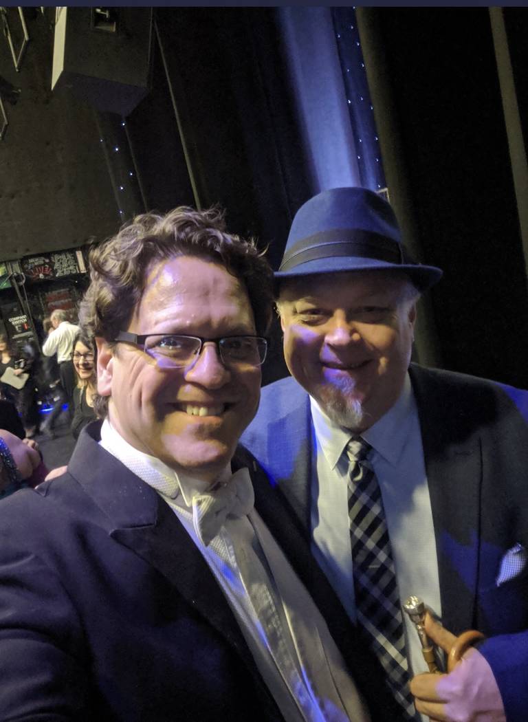 Las Vegas Philharmonic music director Donato Cabrera is shown with trumpet great Kenny Rampton ...