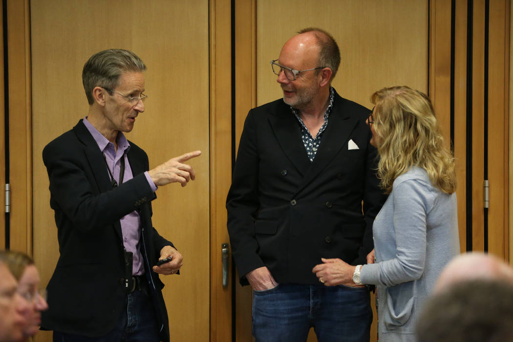 Anthony Allison, from left, performing arts coordinator, Stuart Holbrook, president of Theriau ...