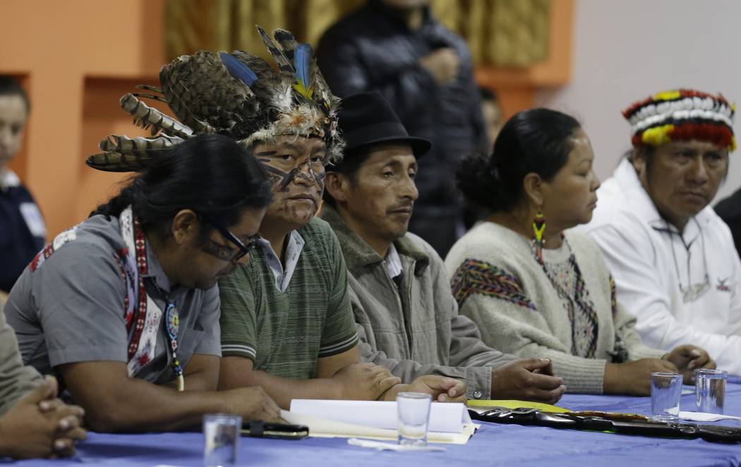 Indigenous leaders attend negotiations with President Lenin Moreno in Quito, Ecuador, Sunday, O ...