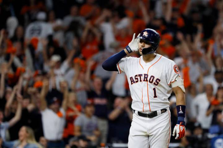 Houston Astros shortstop Carlos Correa celebrates after his walk-off home run against the New Y ...