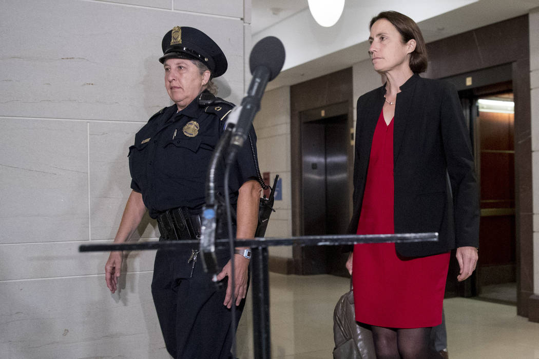 Former White House advisor on Russia, Fiona Hill, arrives on Capitol Hill in Washington, Monday ...