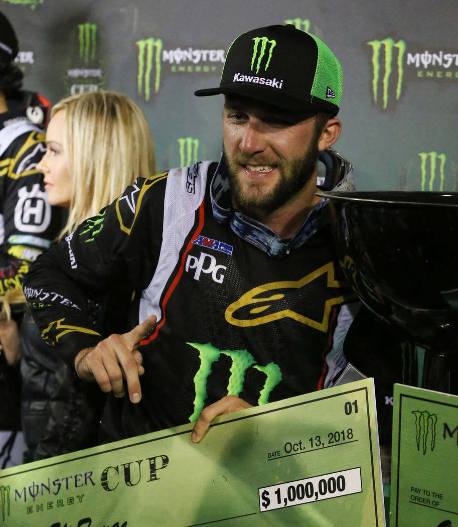 Eli Tomac celebrates his win in the 2018 Monster Energy Cup Race at Sam Boyd Stadium on Saturda ...