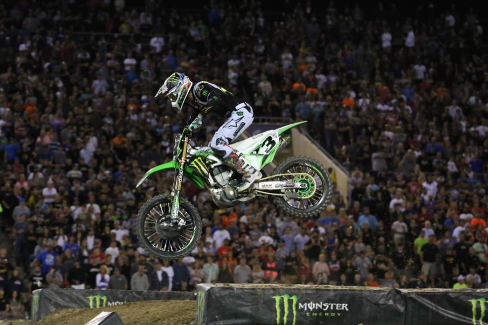 Eli Tomac competes in the 2018 Monster Energy Cup Race at Sam Boyd Stadium on Saturday, Oct. 13 ...