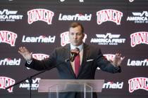 New UNLV men's basketball coach T.J. Otzelberger addresses the crowd at the Strip View Pavilion ...