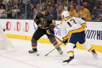 Vegas Golden Knights center Paul Stastny (26) works to make a play under pressure from Nashvill ...