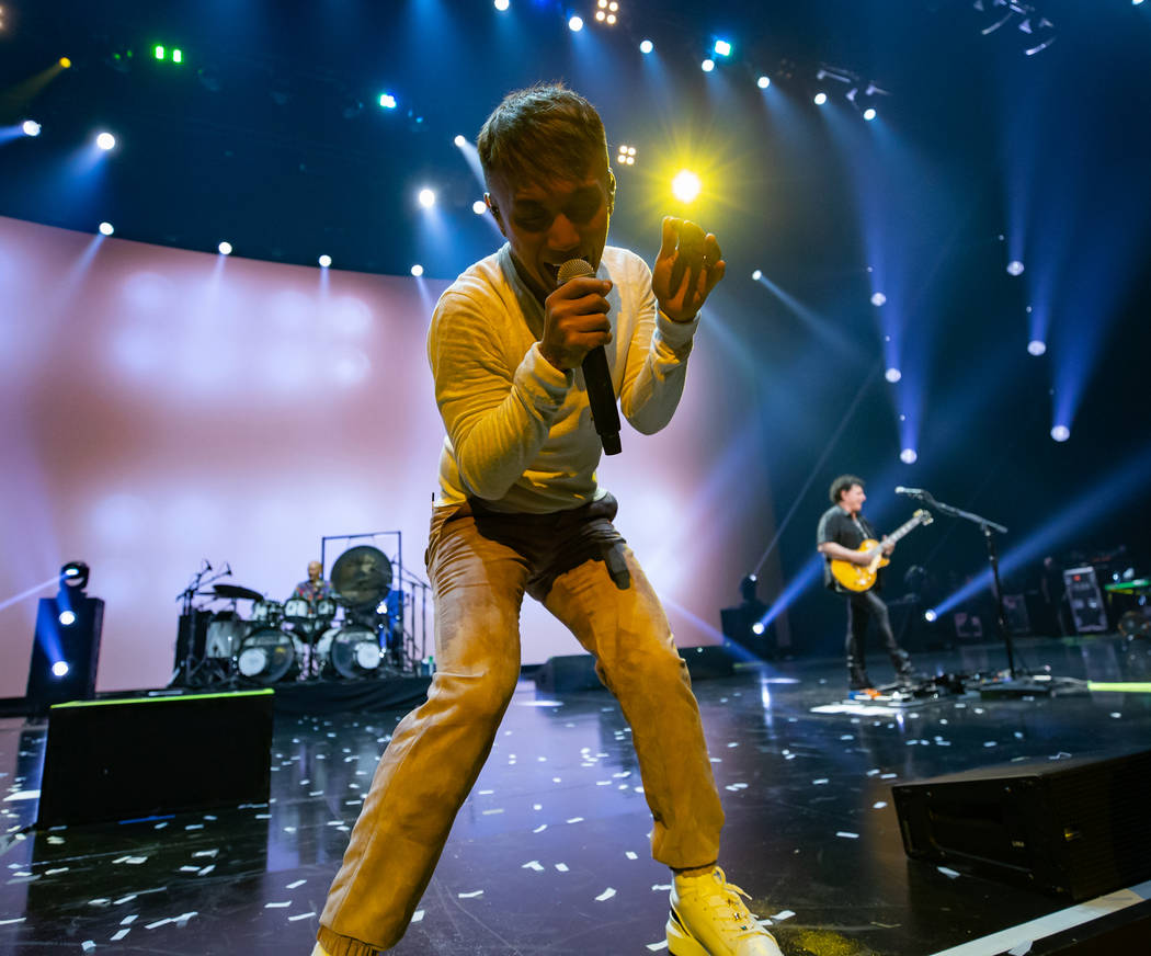 Arnel Pineda is shown on opening night of Journey's residency at the Colosseum at Caesars Palac ...