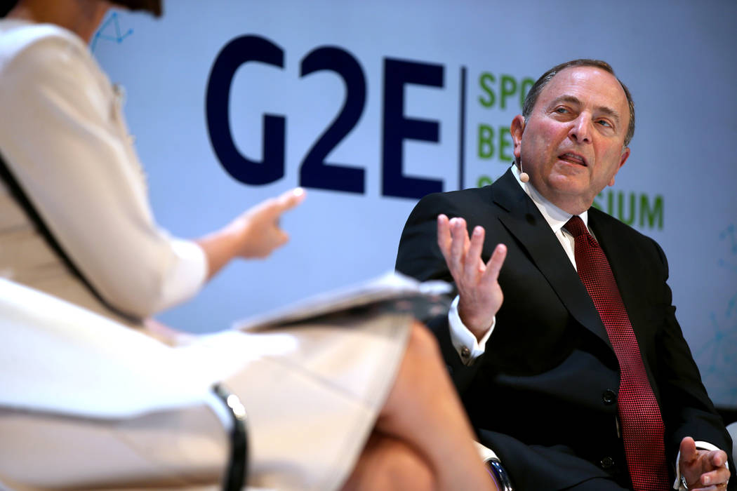 NHL commissioner Gary Bettman is interview by Contessa Brewer of CNBC Business News, on a sport ...