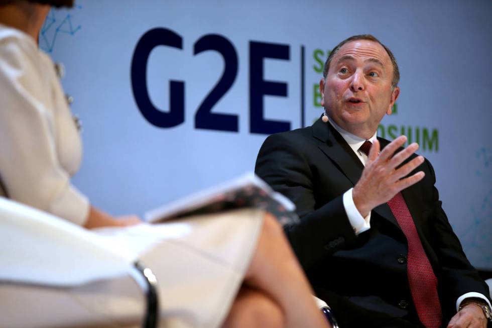 NHL commissioner Gary Bettman is interview by Contessa Brewer of CNBC Business News, on a sport ...