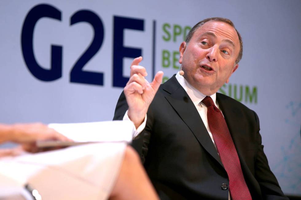 NHL commissioner Gary Bettman is interview by Contessa Brewer of CNBC Business News, on a sport ...