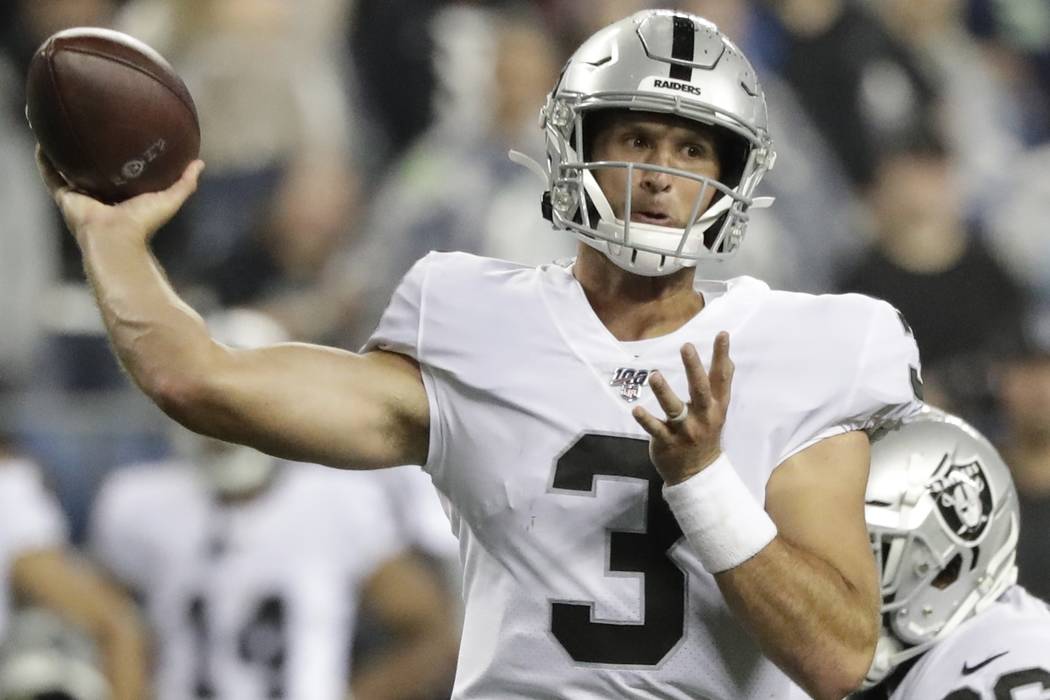 Oakland Raiders quarterback Nathan Peterman in action against the Seattle Seahawks during the s ...