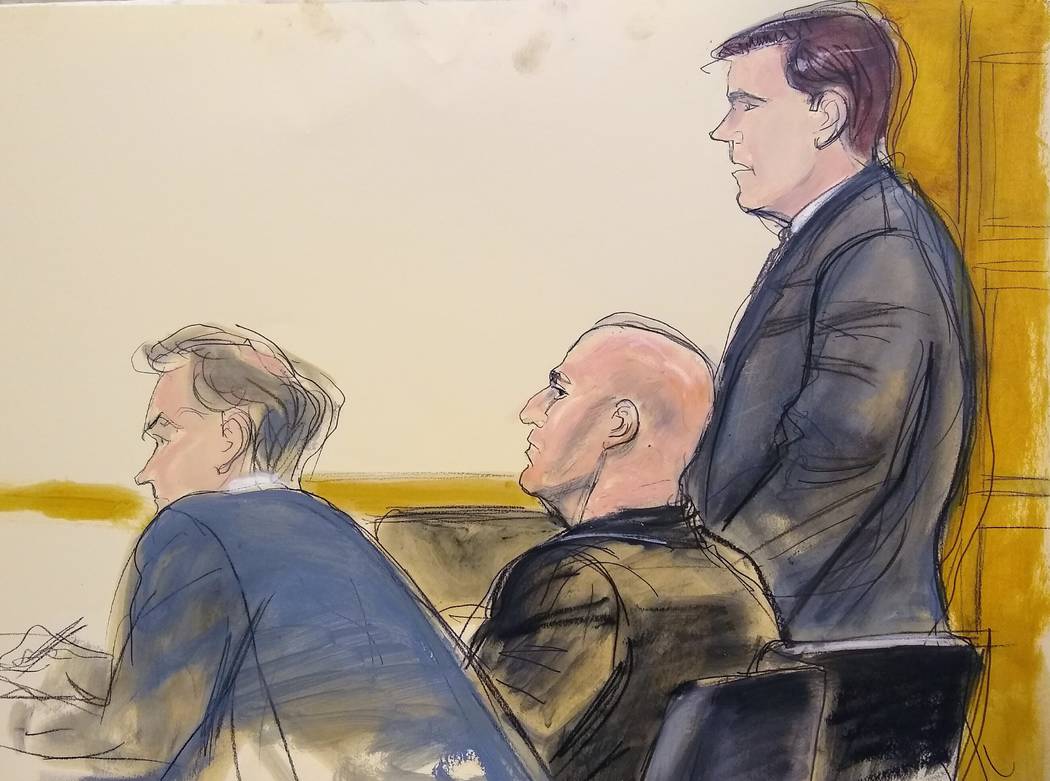 In this courtroom artist's sketch, defense attorney William Harrington, left, defendant David C ...