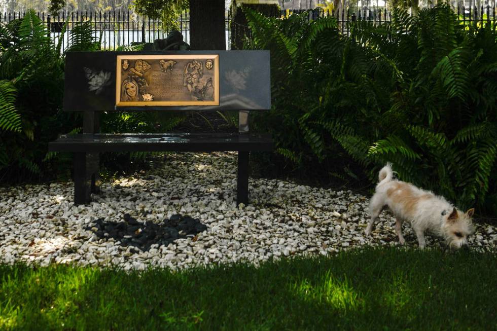 Victoria Siegel's dog Zen walks near a memorial for Victoria at the Siegel family home in Winde ...