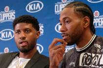 In this July 23, 2019, file photo, Los Angeles Clippers NBA basketball team introduce Paul Geor ...