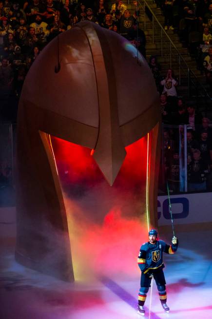 Vegas Golden Knights defenseman Deryk Engelland (5) is introduced to the fans before the start ...