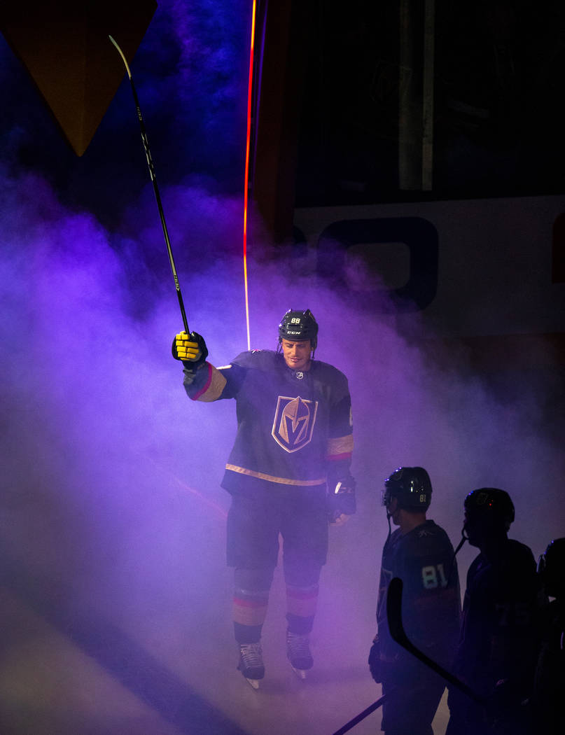 Vegas Golden Knights defenseman Nate Schmidt (88) is introduced to the fans before the start of ...