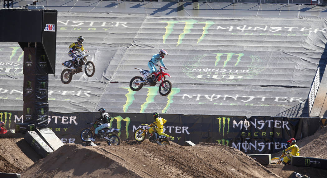 Supercross riders make a test run at Sam Boyd Stadium in Las Vegas Friday, Oct. 18, 2019, ahead ...