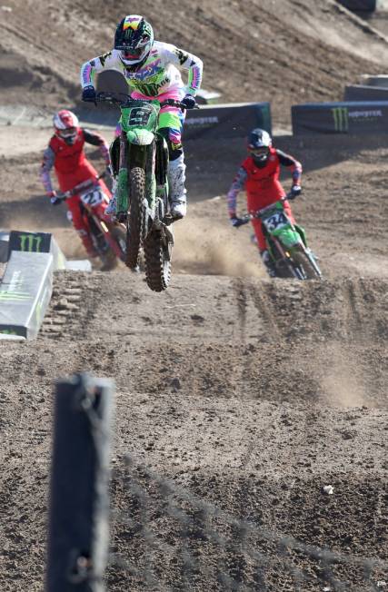 Supercross riders, including Adam Cianciarulo (9) of New Smyrna Beach, Fla., make a test run at ...