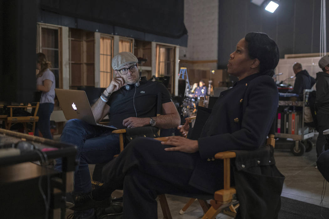 Damon Lindelof and Regina King on the set of "Watchmen." (Mark Hill/HBO)