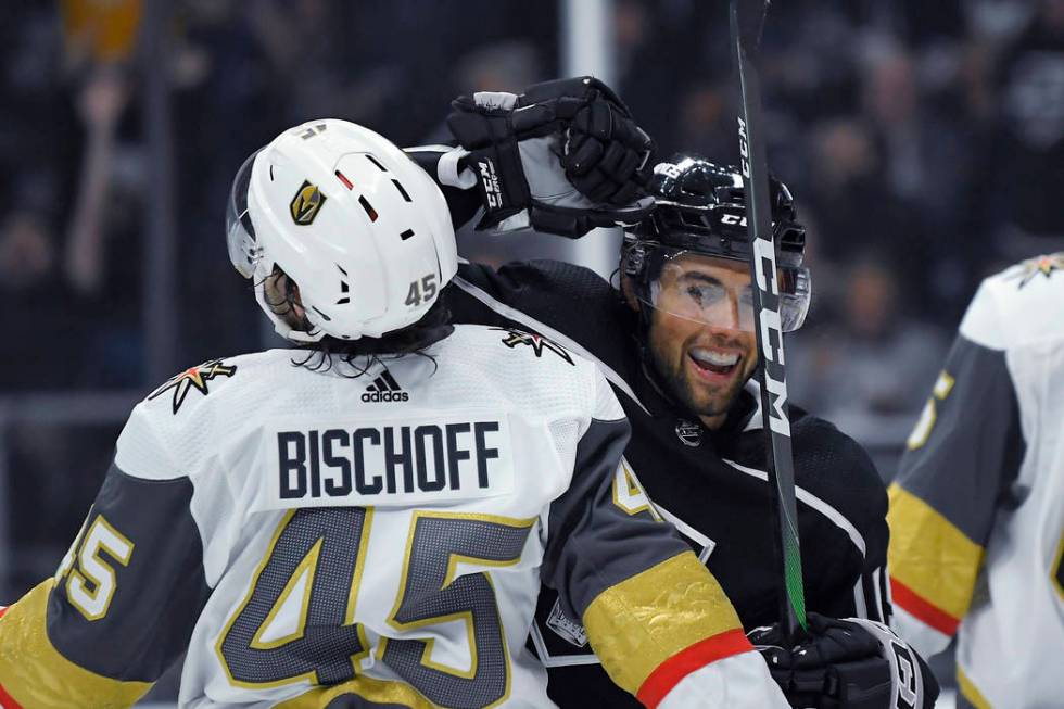 Los Angeles Kings left wing Alex Iafallo, right, celebrates a goal by right wing Dustin Brown a ...