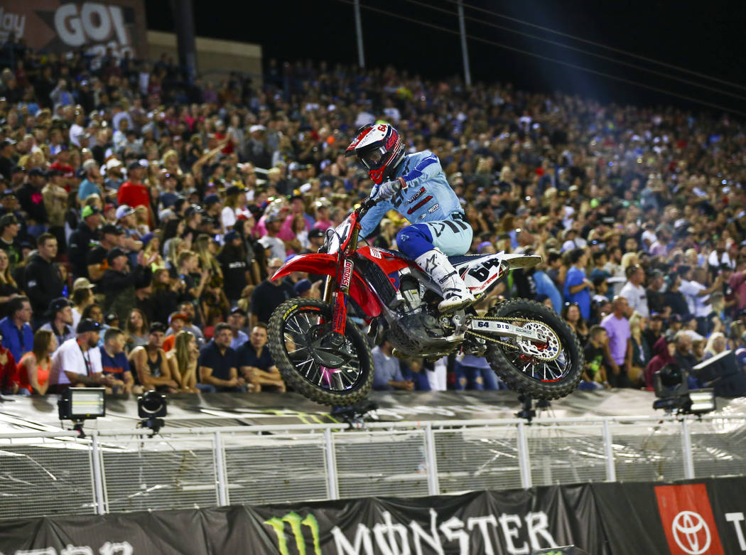 Vince Friese (64) competes during the first round of the Monster Energy Cup Supercross main eve ...