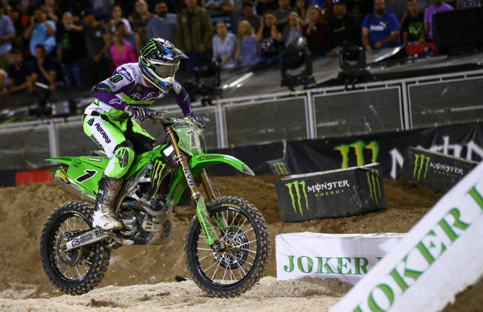 Eli Tomac (1) makes his joker lane lap during the first round of the Monster Energy Cup Supercr ...