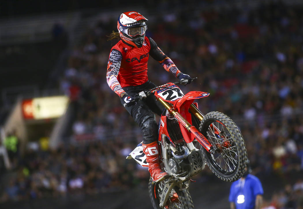 Malcolm Stewart (27) competes during the second round of the Monster Energy Cup Supercross main ...