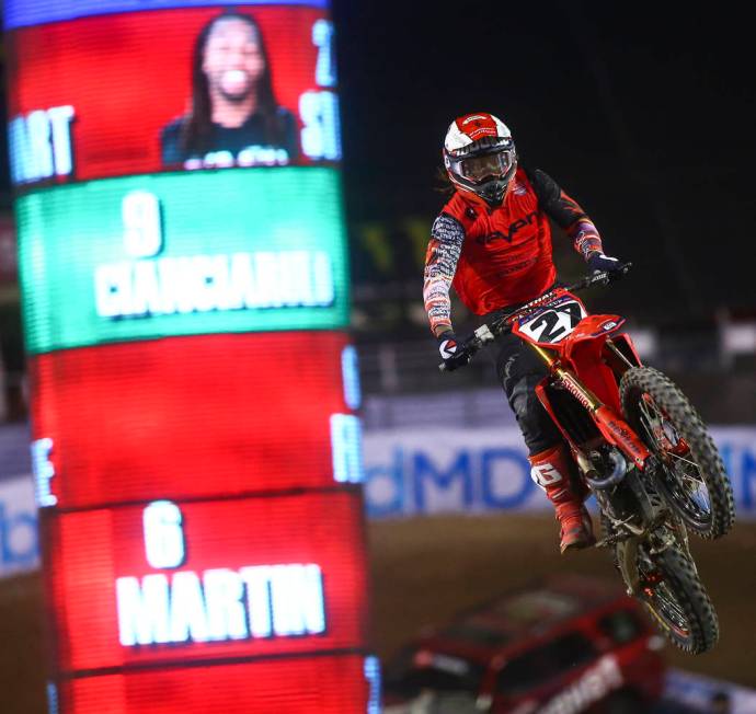 Malcolm Stewart (27) competes during the second round of the Monster Energy Cup Supercross main ...