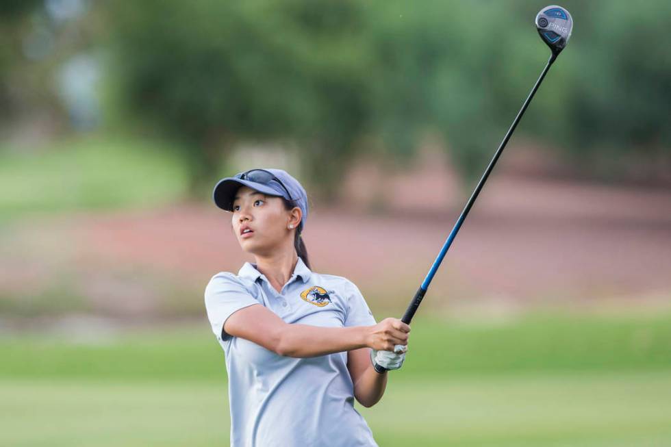 Clark sophomore Riana Mission drives the ball at Stallion Mountain Golf Club on Wednesday, Oct. ...