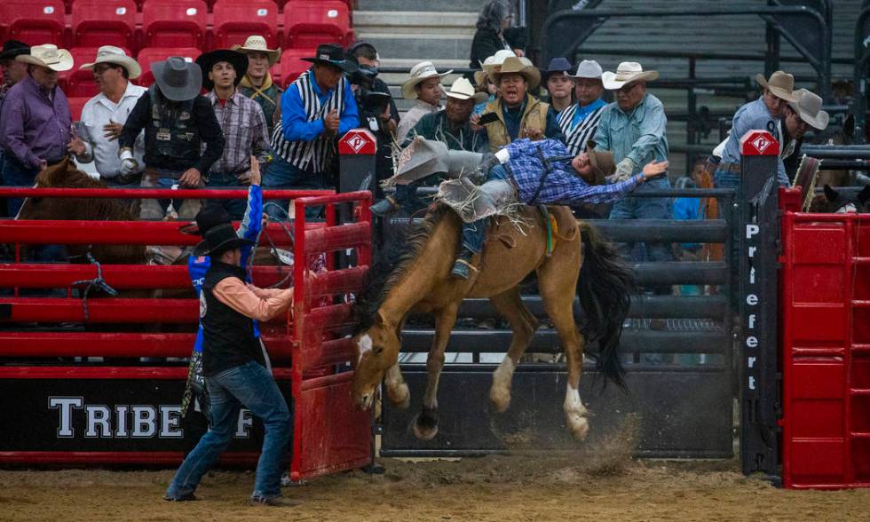 Bareback rider Rodney Begay rides with his horse elevating in the chute during the first round ...