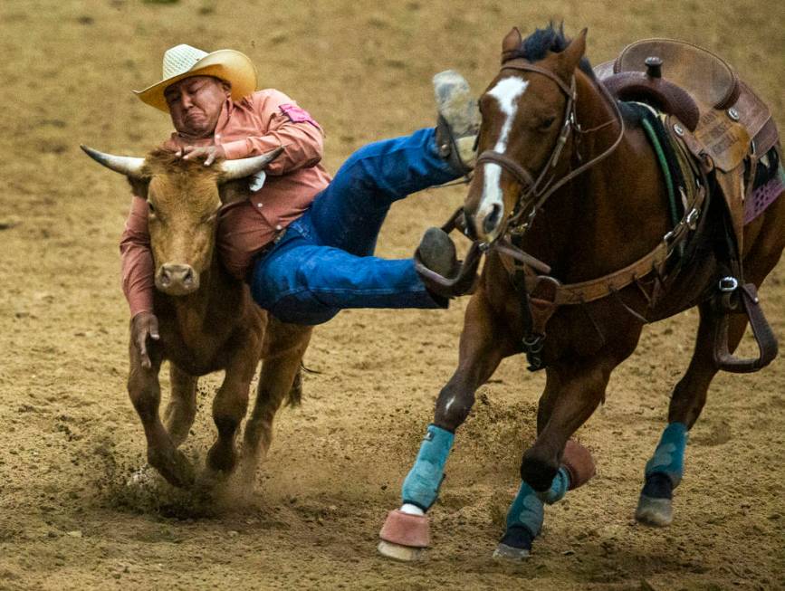 Steer wrestler Michael Bates is out of position to make the grab as he comes down on the steer ...