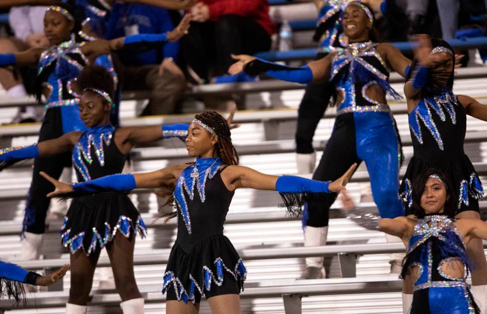 Desert Pines dancers cheer for their football team against Legacy on Thursday, Oct. 24, 2019, i ...