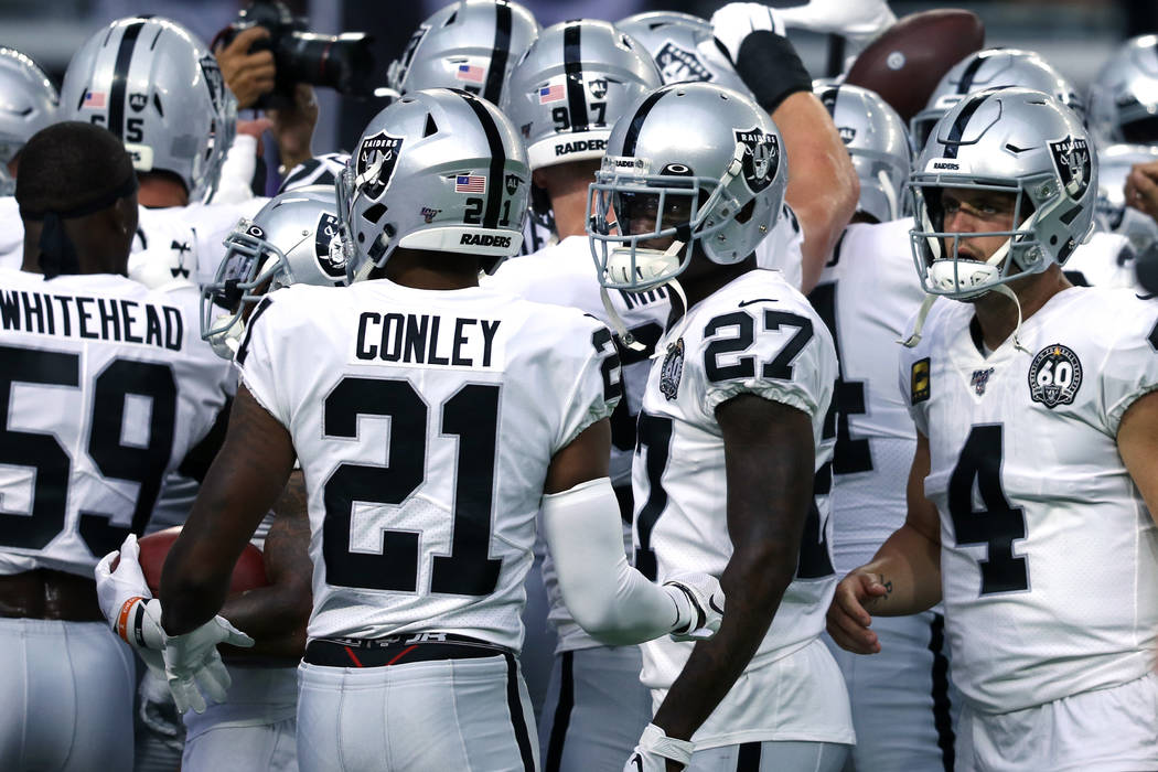 Oakland Raiders outside linebacker Tahir Whitehead (59), cornerback Gareon Conley (21), cornerb ...