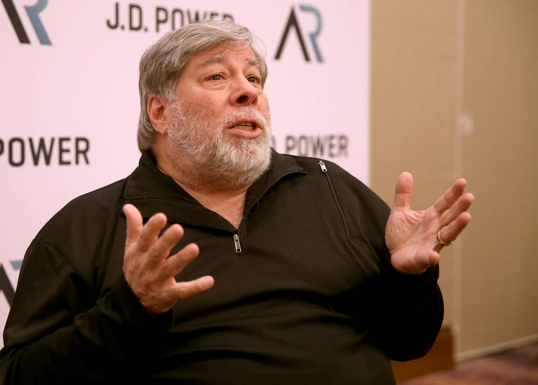 Steve Wozniak talks to the news media after delivering the keynote address during the 2019 J.D. ...
