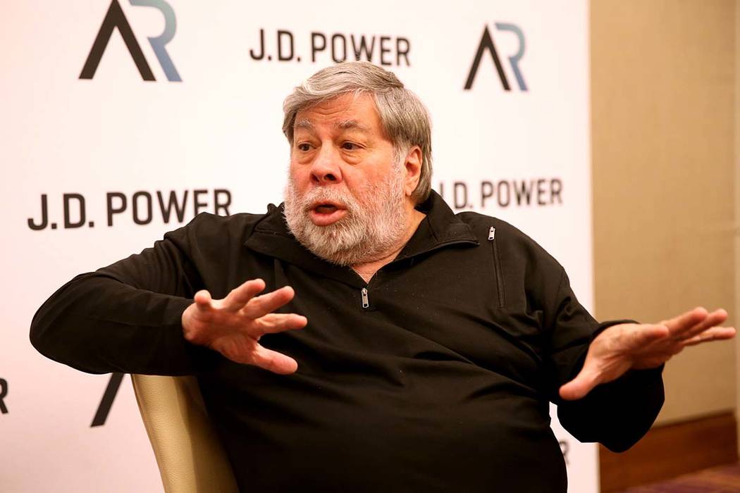 Steve Wozniak talks to the news media after delivering the keynote address during the 2019 J.D. ...