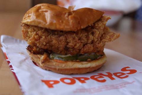 The spicy chicken sandwich at Popeyes will return in November. (Michael Blackshire/Las Vegas Re ...