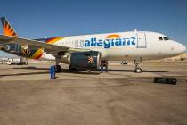 Allegiant unveils a new Golden Knights-themed plane at McCarran on Tuesday, Sept. 10, 2019, in ...