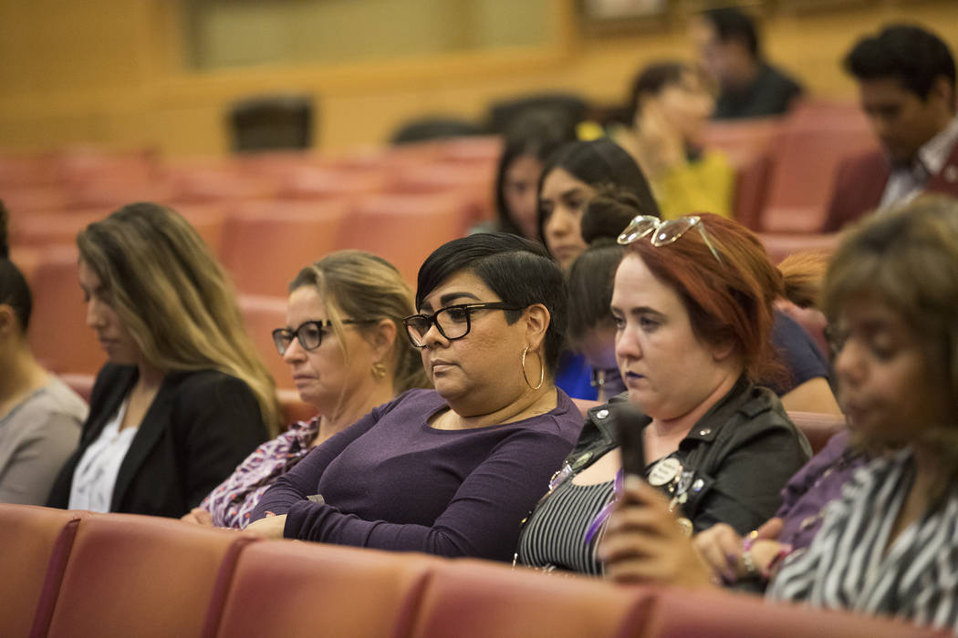 The audience at a panel discussion about domestic violence at City Hall in Las Vegas, Thursday, ...