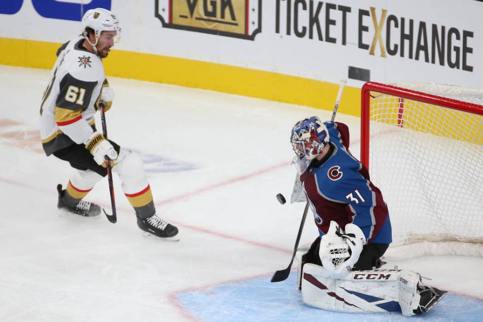 Colorado Avalanche goaltender Philipp Grubauer (31) makes a stop against Vegas Golden Knights r ...