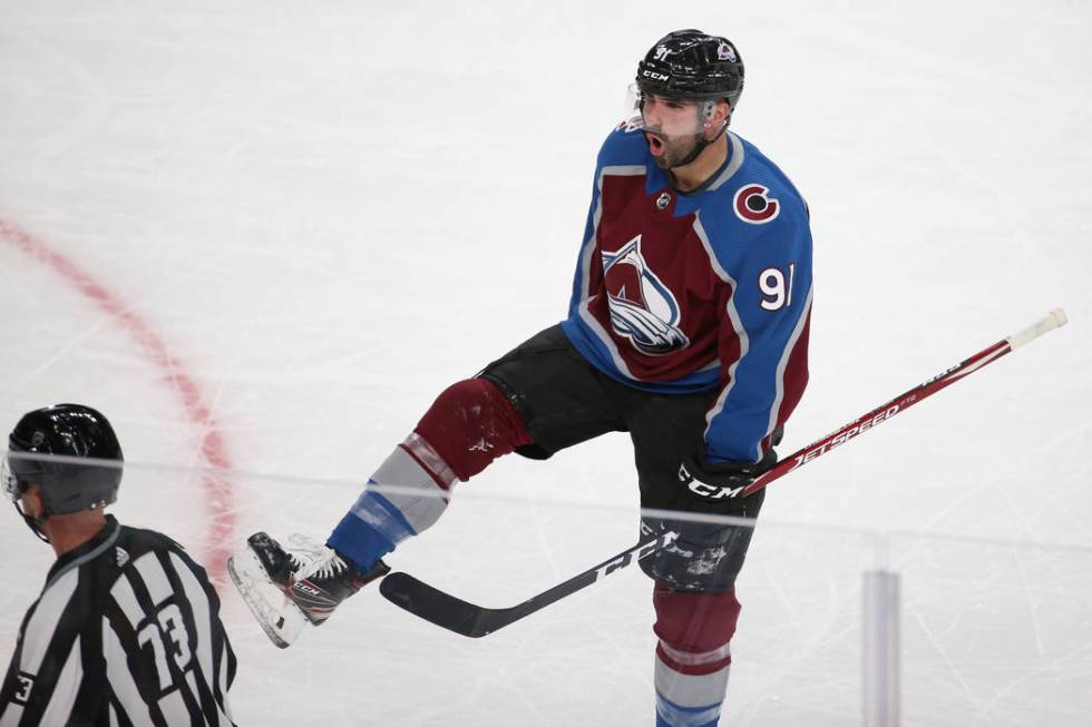 Colorado Avalanche center Nazem Kadri (91) celebrates a score against the Vegas Golden Knights ...