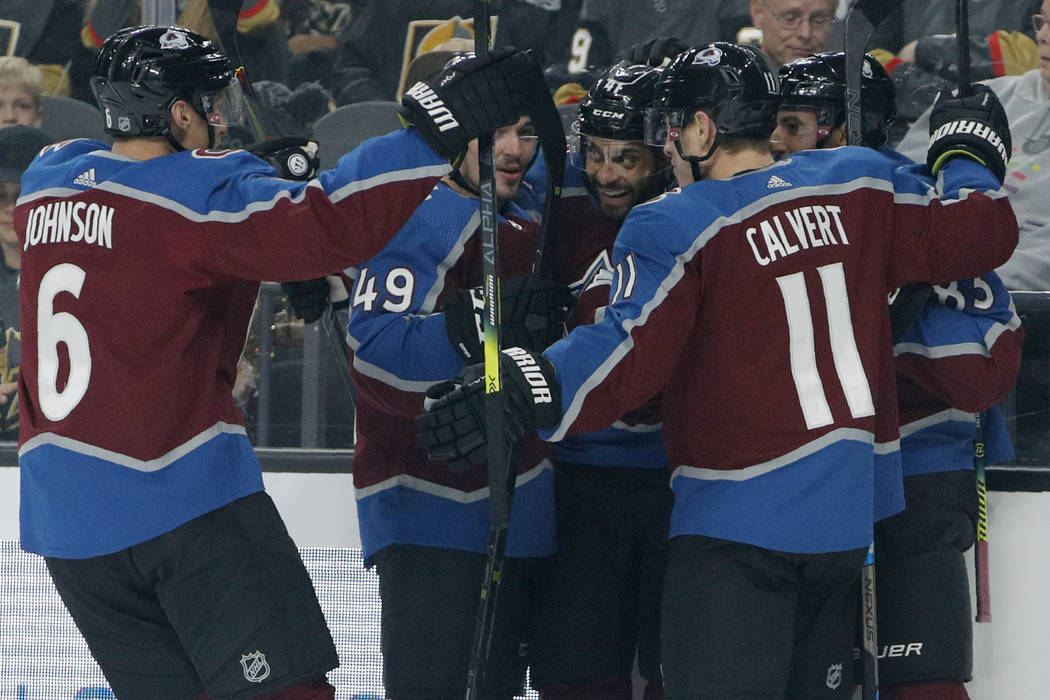 Colorado Avalanche players celebrate after Colorado Avalanche left wing Pierre-Edouard Bellemar ...