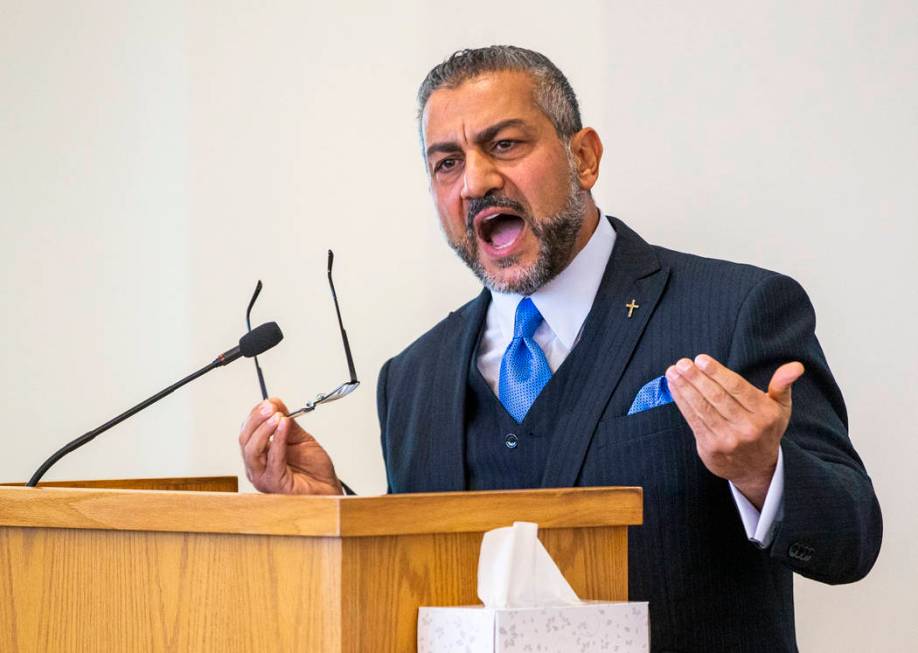 Rev. Jacob Jacoby gives a sermon during funeral services for Gavin Murray, 6, at Palm Mortuary ...