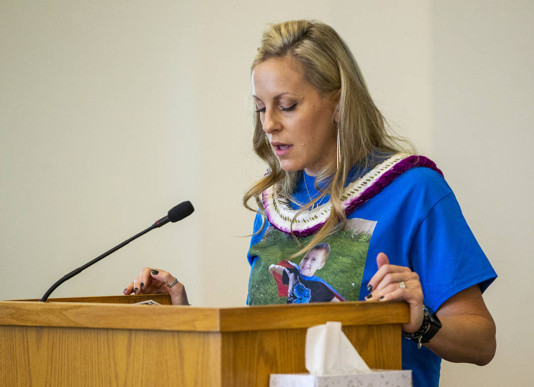 Amber Tesoro reads a poem dedicated to Gavin Murray, 6, during funeral services for him at Palm ...