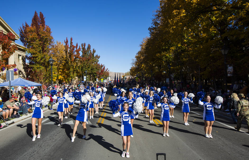 Carson High School cheerleaders perform during the annual Nevada Day Parade in Carson City on S ...