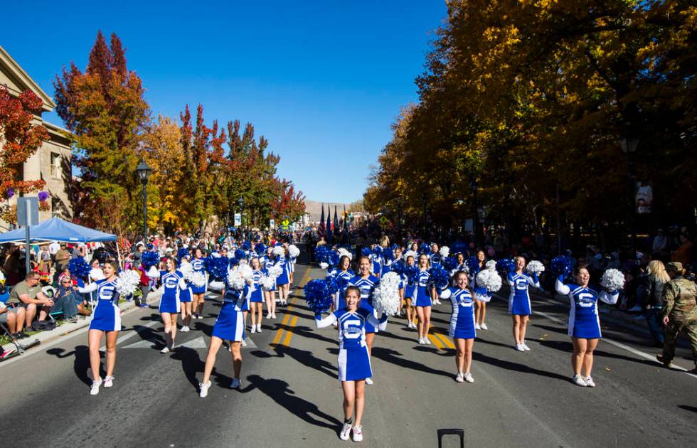 Carson High School cheerleaders perform during the annual Nevada Day Parade in Carson City on S ...