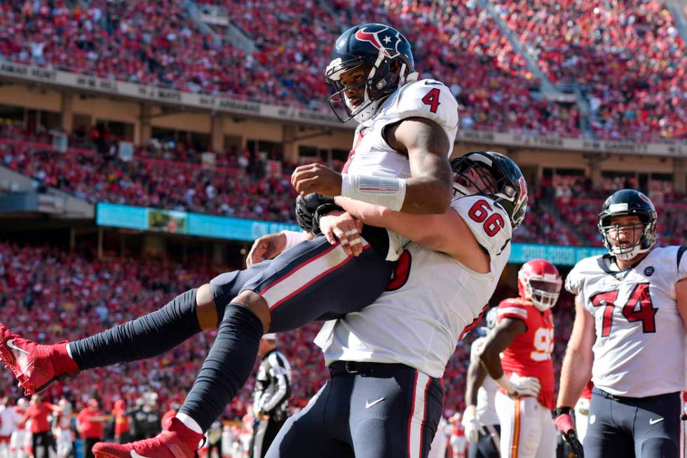 Houston Texans quarterback Deshaun Watson (4) celebrates his touchdown against the Kansas City ...