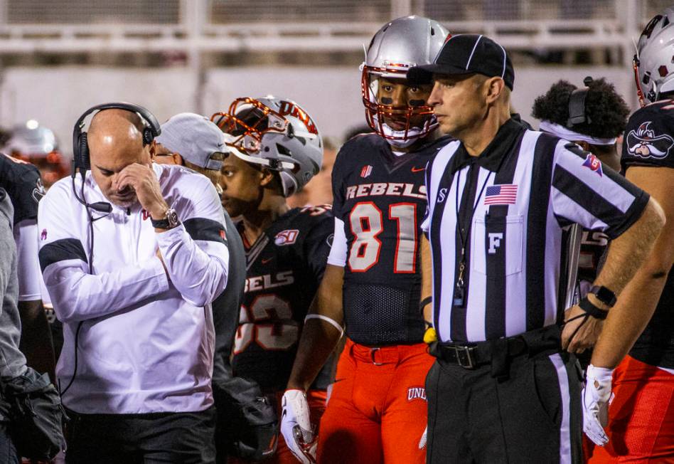 UNLV Rebels head coach Tony Sanchez is dismayed on the sidelines against the San Diego State Az ...