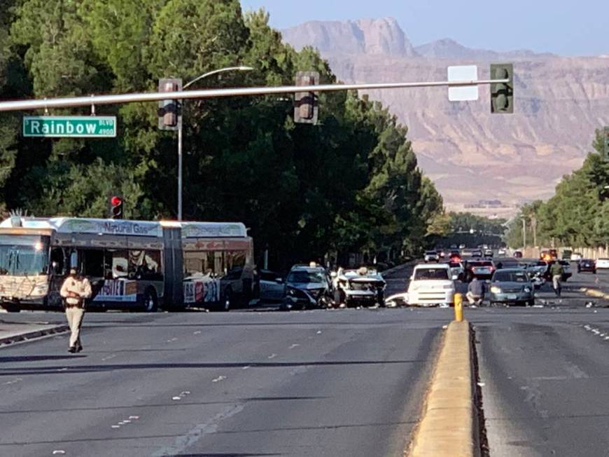 One person is dead after a seven vehicle crash involving a bus near Tropicana Avenue and Rainbo ...